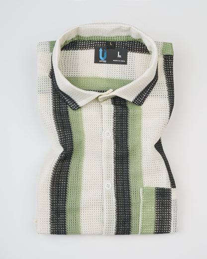 Half Sleeve Net Vertical Green, Black & Light White Lining Shirt